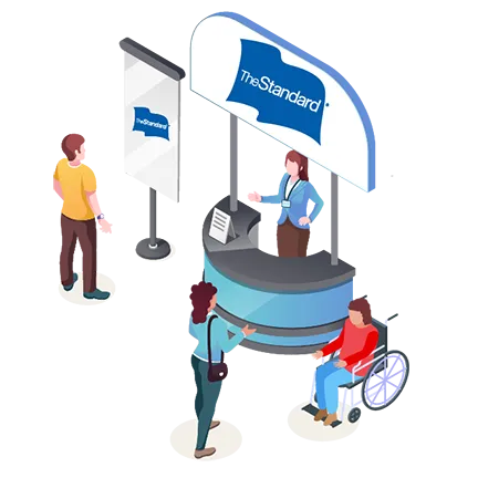 Several people, including one in a wheelchair, peruse the information at The Standard kiosk.