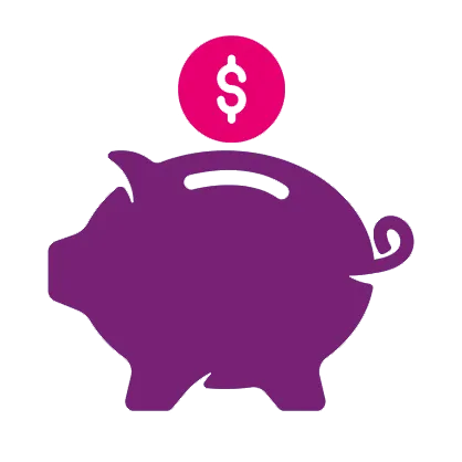 A pink coin hovers above a purple piggybank.
