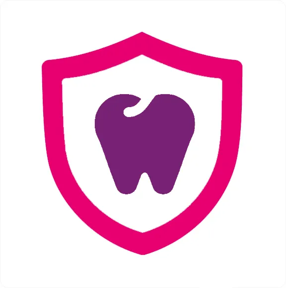 A pink-bordered heraldic shield with a purple tooth on a white field..