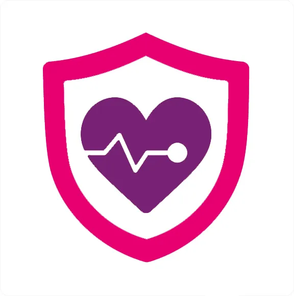 A pink-bordered heraldic shield with a purple heart on a white field. And EKG line crosses the heart, stopping before it fully crosses.