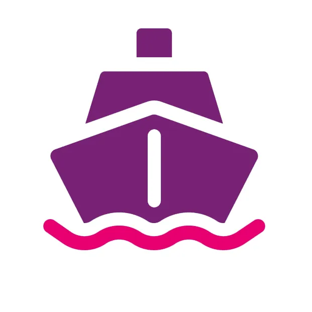A purple cruise ship moves forward through pink waters.